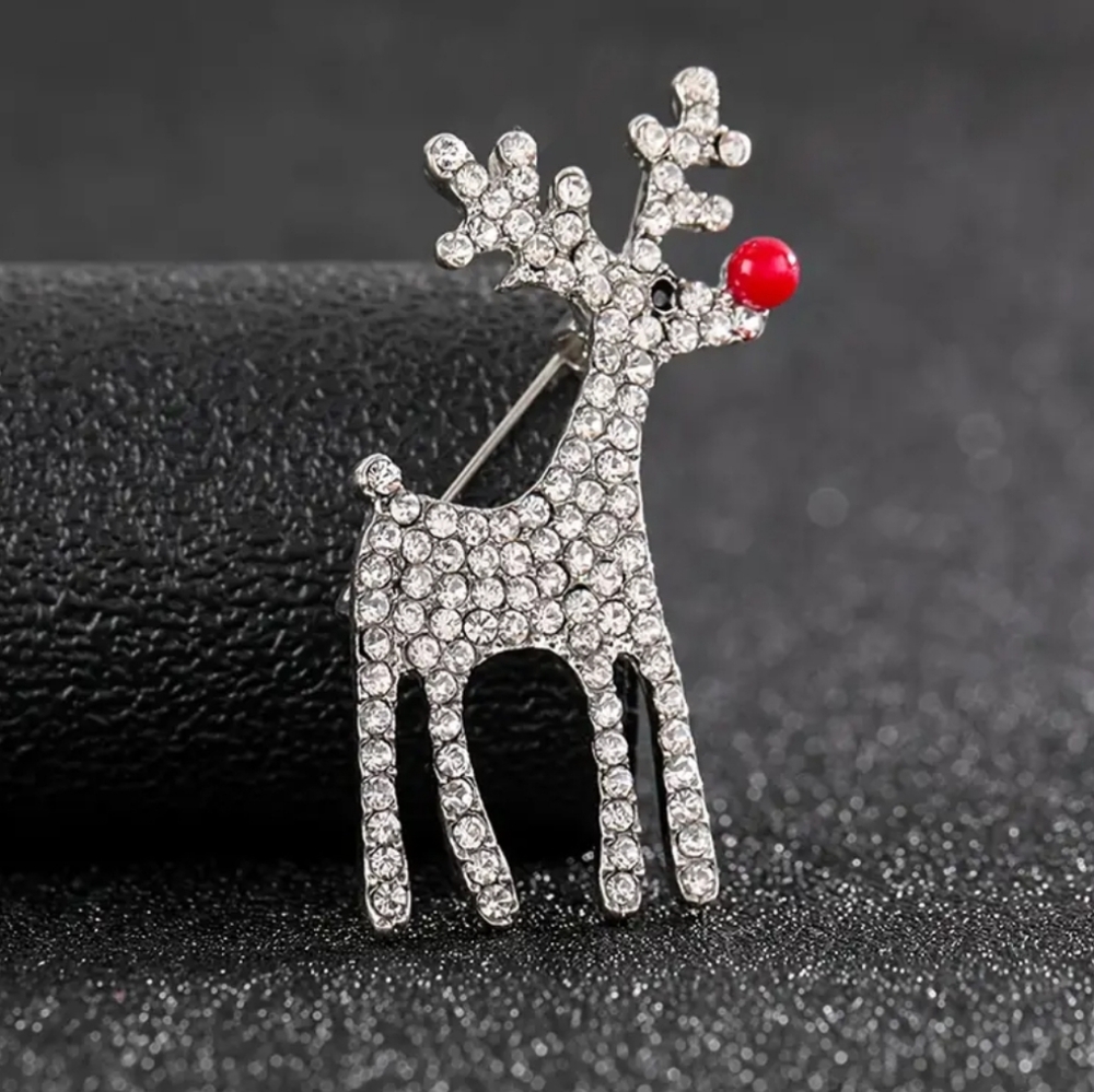 Rhinestone Rudolph Reindeer Brooch Pin